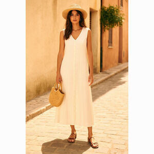 Sezane Vintage M Embroidered Button Front Midi Dress Rayon Cottagecore White